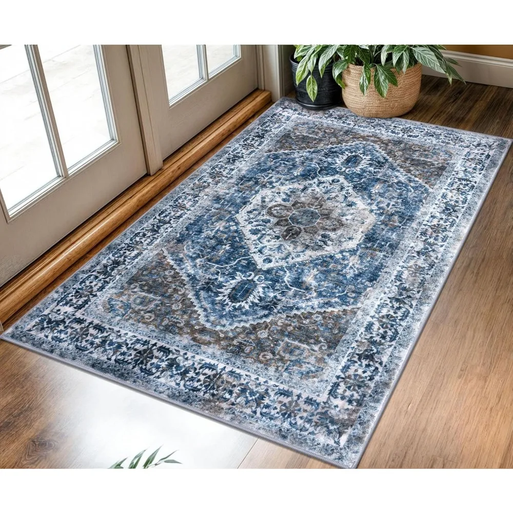 

Kozyfly Bohemian Style 3x5 Feet Area Rug for Entryway, Washable Non-Slip Indoor Entrance Mat, Blue Vintage Printed Faux Wool