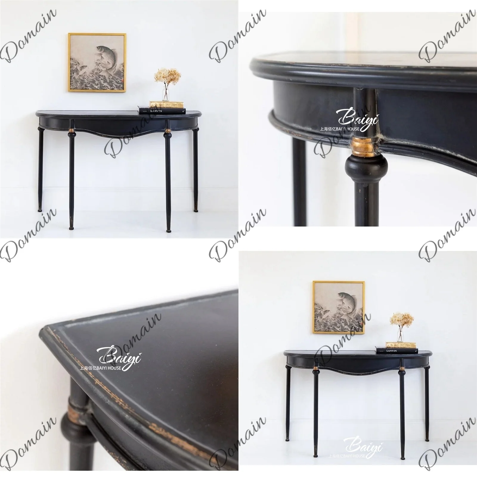 French Vintage Distressed Entryway Console Table Semi Circle Wood Carved Antique Black Hall Table Wall