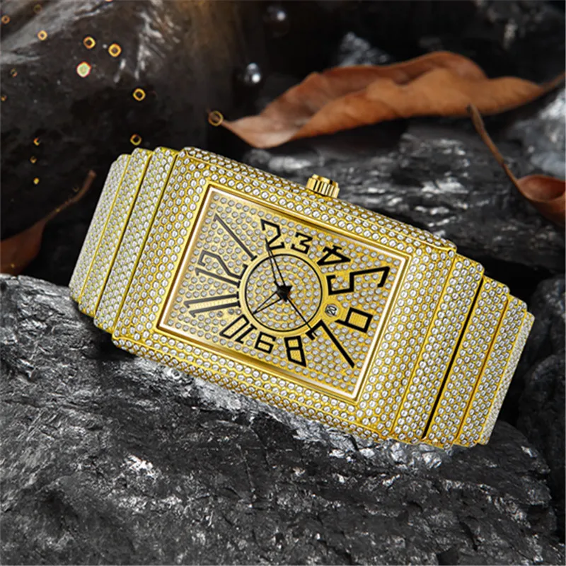 Men Big Brand Golden Watches Famous Luxury Hip Hop Diamond Date Rectangular Quartz Watches Relogio Masculino Grandes Quadrados