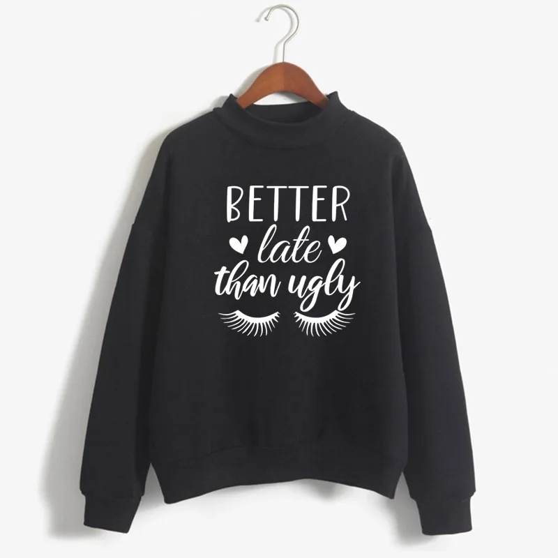 

BETTER LATE THAN UGLY EYELASH Print Women Sweatshirt Sweet Korean O-neck Knitted Pullovers Thick Autumn Candy Color girl Clothes