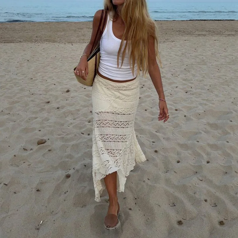 Tuularose Lace Irregularly Long Skirt For Women Hollow See Through High Waist Skirt Female Beach Vacation Casual Fashion Skirts