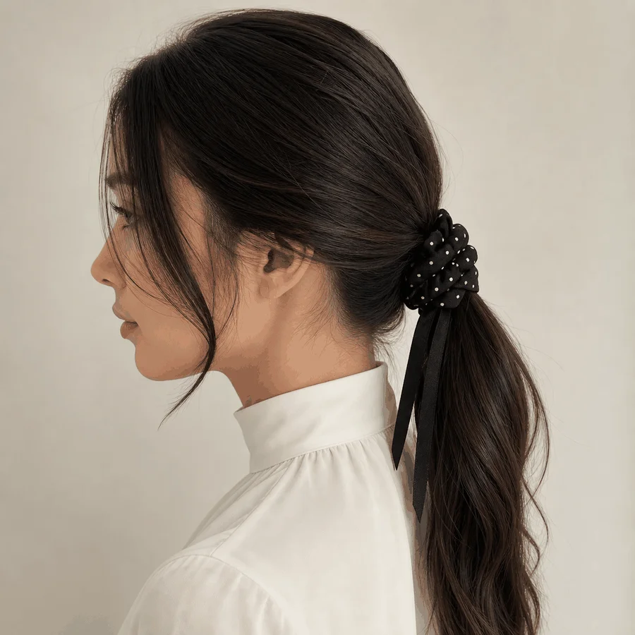 Midnight Polka Dot Bow Single-Layer Scrunchie Long Tail Elastic Hair Tie Woven Ponytail Holder Handmade Hair Accessory