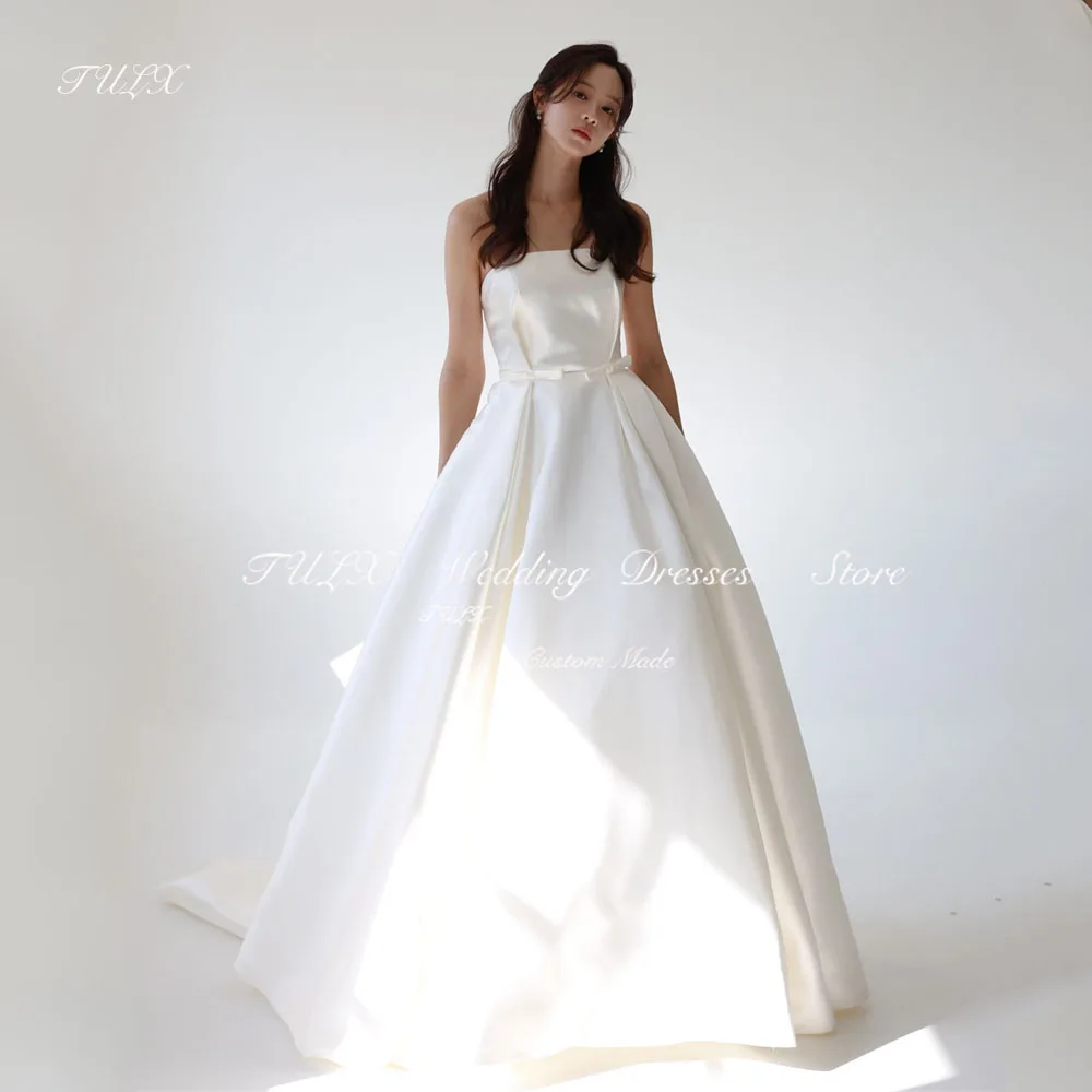 

TULX Simple Ivory A line Long Korea Wedding Photo Shoot Dress Strapless Bow Satin Bridal Gowns Corset Back 웨딩드레스 Customized 2025