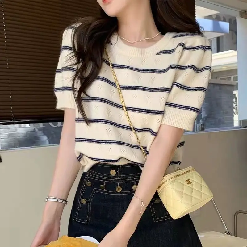 Summer  Short-sleeved Women O-Neck Slimming Knitted Striped Pullover Tops T-shirt Knitted Base Casual Comfortable Sweater Z490