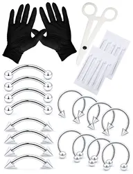 1-28PCS Stainless Steel 16G Tragus Cartilage Daith Eeybrow Rook Lip Nose Jewelry Set Horseshoe Ring Body Piercing Tools Needles