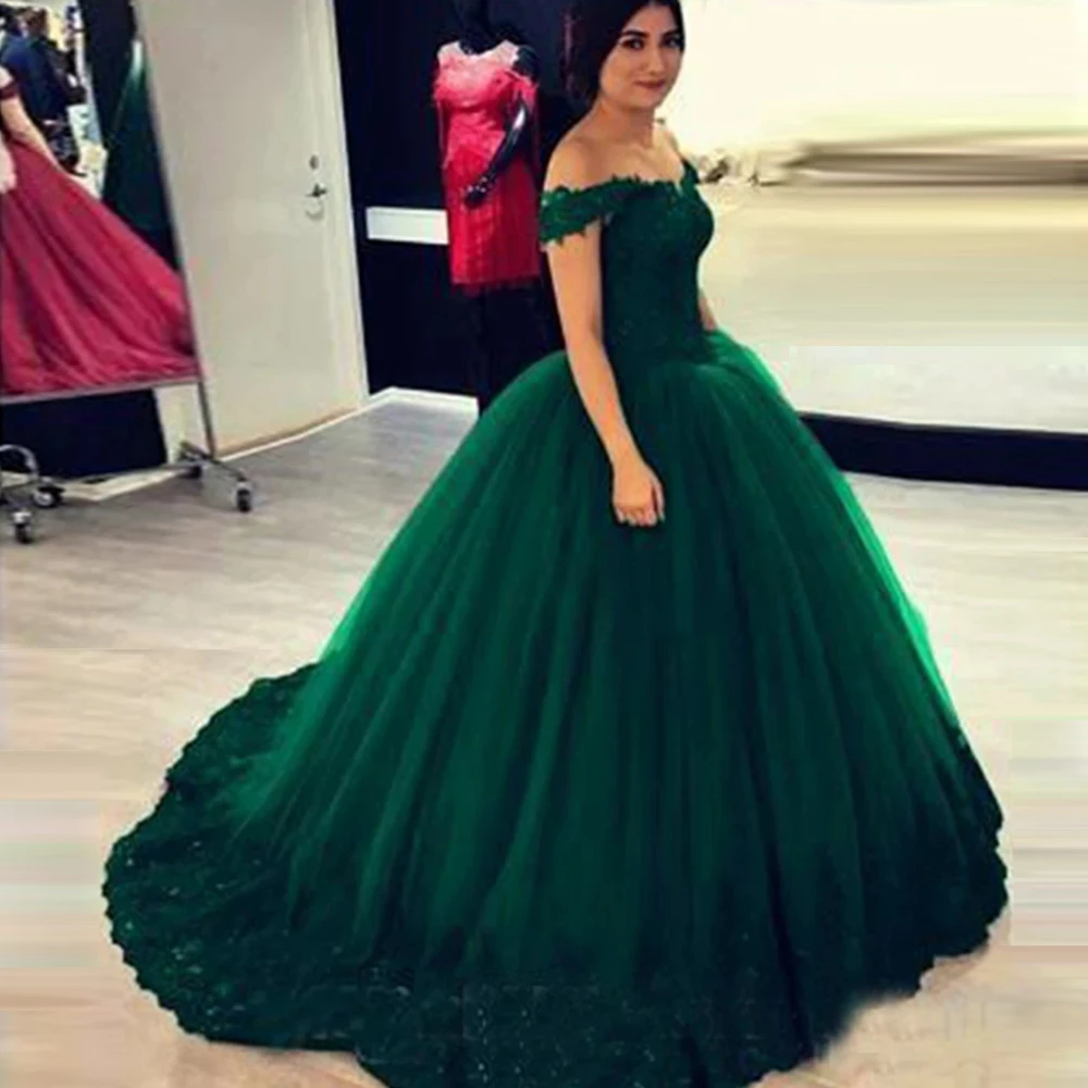 

Angelsbridep Emerald Green Tulle Dubai Arabic Ball Gown Quinceanera Dresses Charming Appliques Sweetheart Vestidos De Fiesta