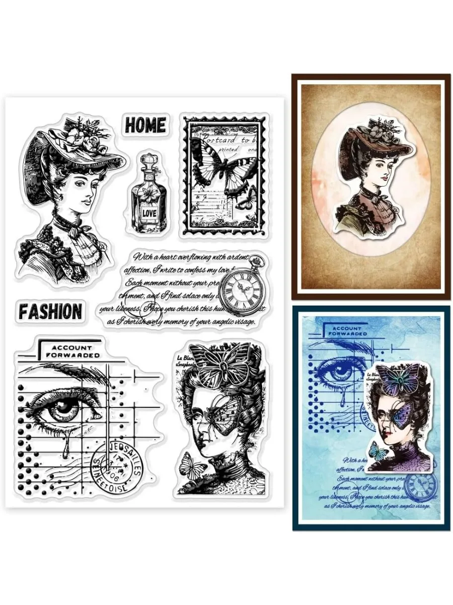 Retro Lady Clear Stamps Stains Background Silicone Clear Stamp Seals Perfume Text Background Transparent Stamps for DIY