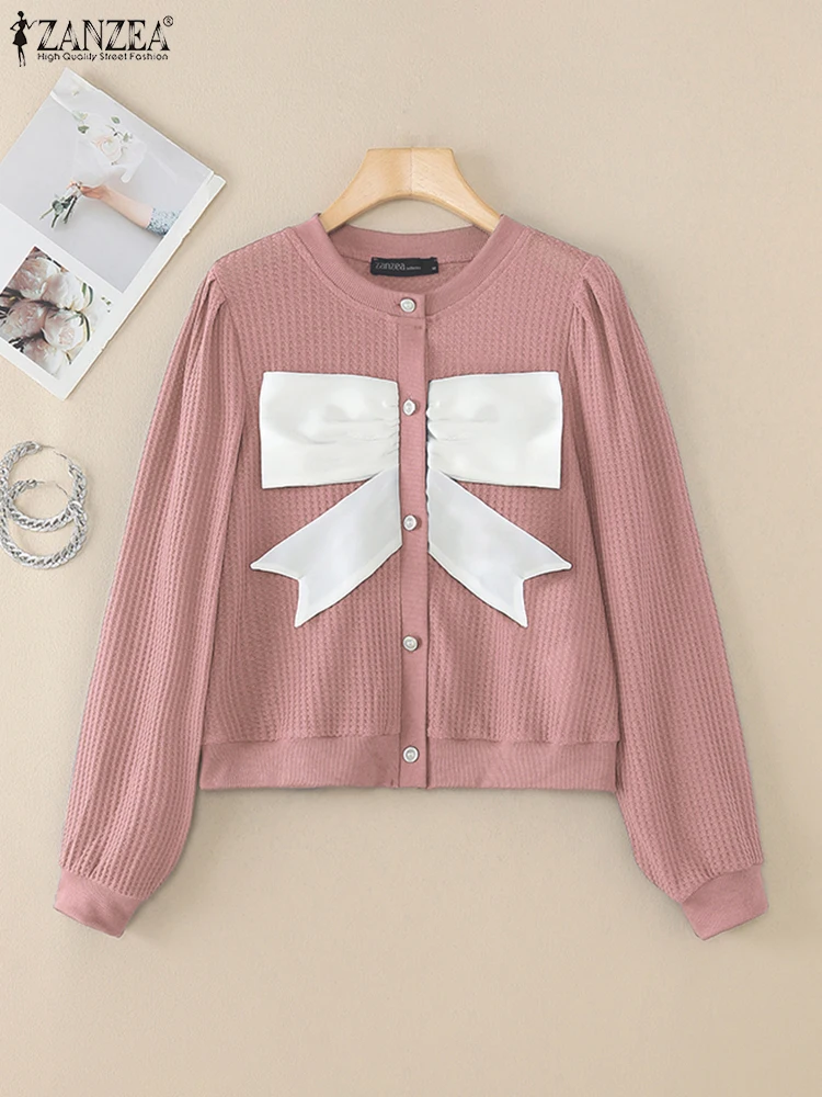 

ZANZEA Women Long Sleeve Cardigan Vintage Bowtie Stitching Sweater Fashion Round Neck Spring Top 2025 Casual Loose Texture Tunic