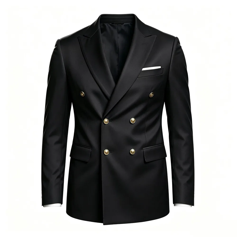 Men's Peak Lapel Double Breasted Golden Button Flap Pocket Business Commute Suit Men Trending Luxury Formal Slim Fit Groom Suit