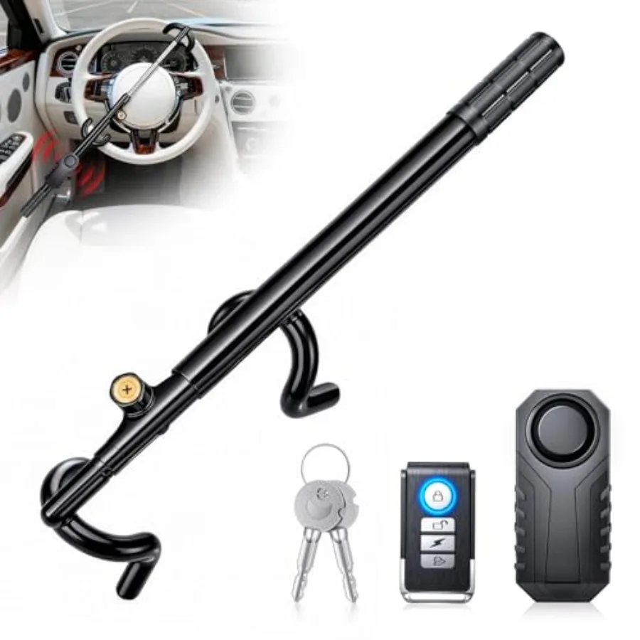 

Steering Wheel Lock with 113dB Rechargeable Alarm, Heavy Duty Anti-Theft Car Device with Adjustable Length Locking Universal Fi