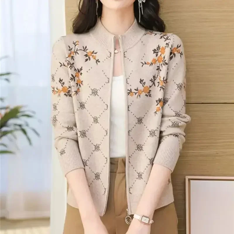 

Zipper Cashmere Sweater Floral Wool Jacket Spring Autumn Versatile Slim Fit Jacquard Woment Knitted Cardigan Coat