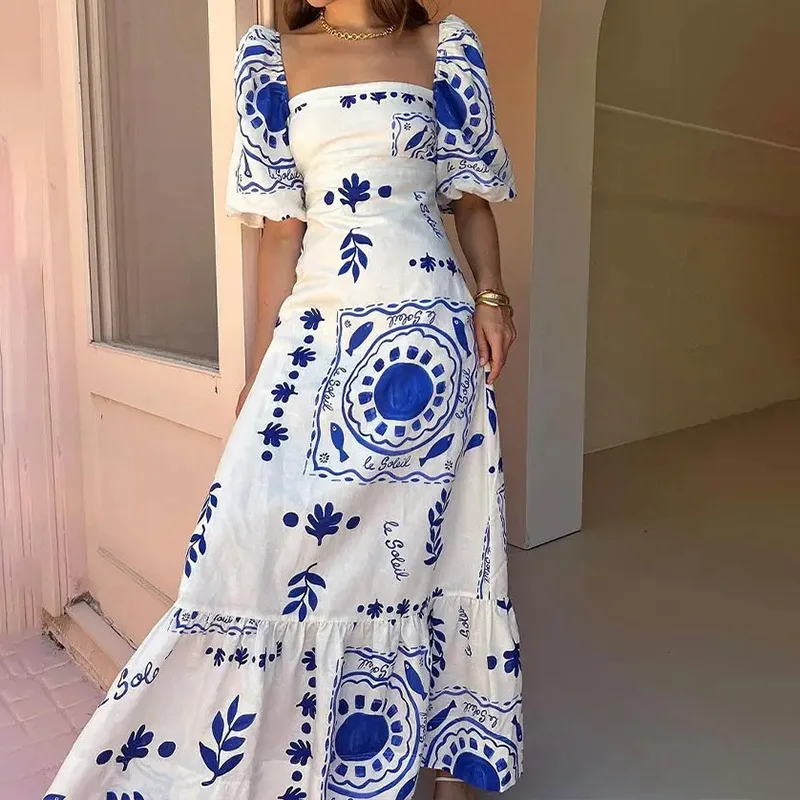 Summer Dress Elegant Women Flower Printed Maxi Dress High Waisted Short Sleeve Square Collar 2024 Summer Fashion Holiday Dresses