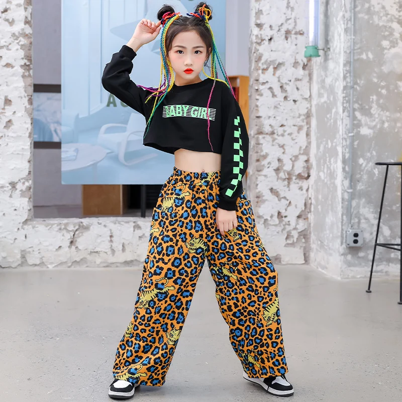 HipHop Outfits Performance Rave Kleidung Hip Hop tragen neue Jazz Tanz kostüme für Kinder Langarm Crop Leopard Hosen