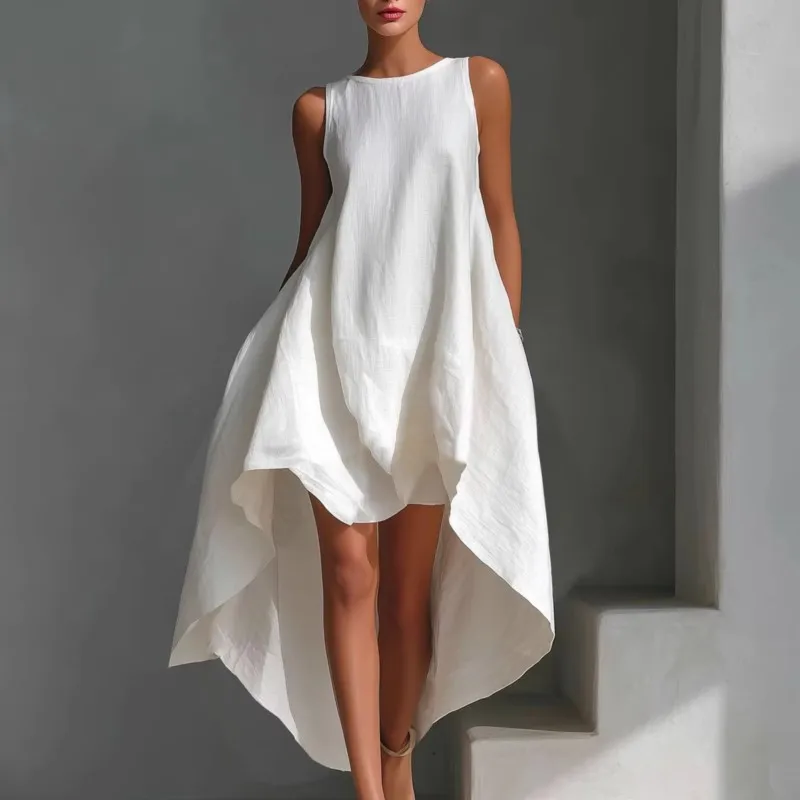 Spring Casual Solid Loose Irregular Party Dress Women Fashion O Neck Bohemian Maxi Dress Summer Chic Sleeveless Vacation Dresses
