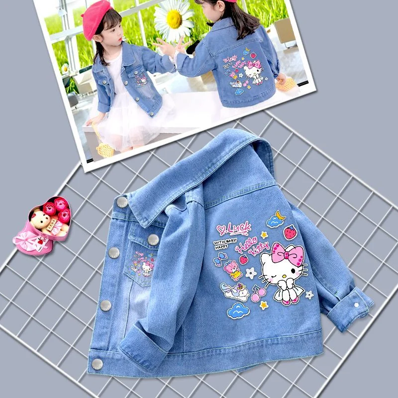 Sanrio Hello Kitty Kuromi Denim Jacket Coats for Baby Girl 2024 Spring Autumn Children Jean Outerwear Kid Fashion Casual Jacket