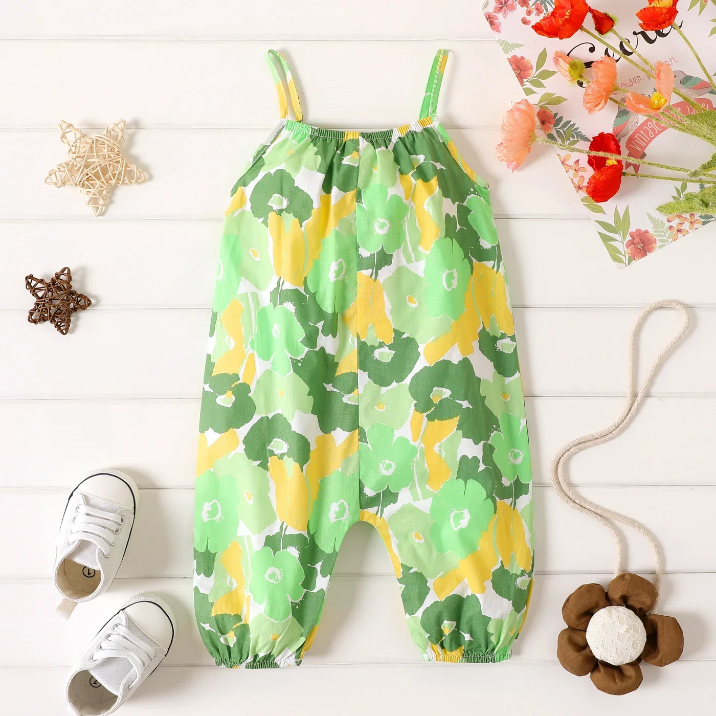 PatPat 100% Cotton Baby Girl All Over Floral Print Cami Jumpsuit Suitable for Summer Season Soft and Comfortable