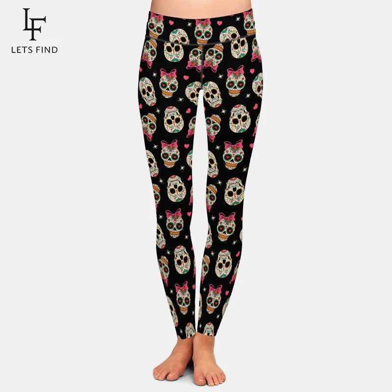 

LETSFIND Super Soft Milk Silk Print 3D Mexican Skulls Pattern Leggings High Wiast Slim Fitness Elastic Full Leggings