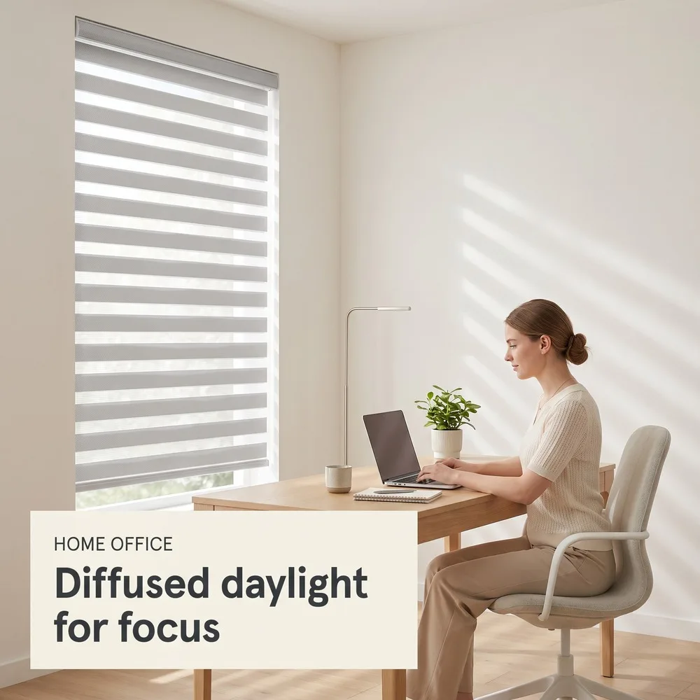 USA Zebra Window Shades Fine Sheer and High Blackout Double Layers, Adjustable Light Control Day and Night Roller Blinds