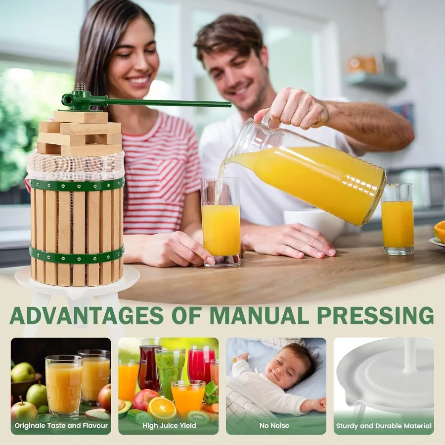 Fruitwijnpers, 3,2 gallon handmatige sapcentrifuge, appel-, druiven- en bessenbreker, 12 liter massief houten mand met 6 blokken, zware veeg