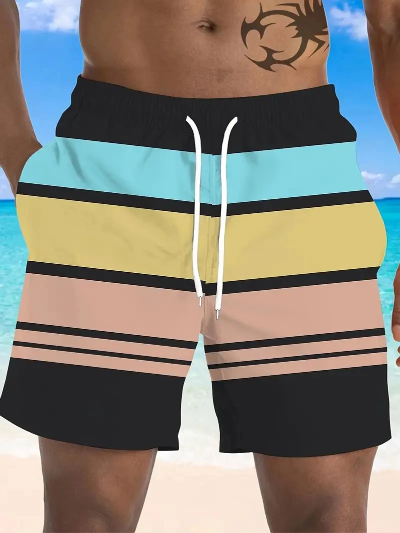 

Модные полосатые пляжные шорты с графическим рисунком для мужчин, летняя повседневная одежда, короткие штаны с 3D принтом, свободные дышащие простые плавки