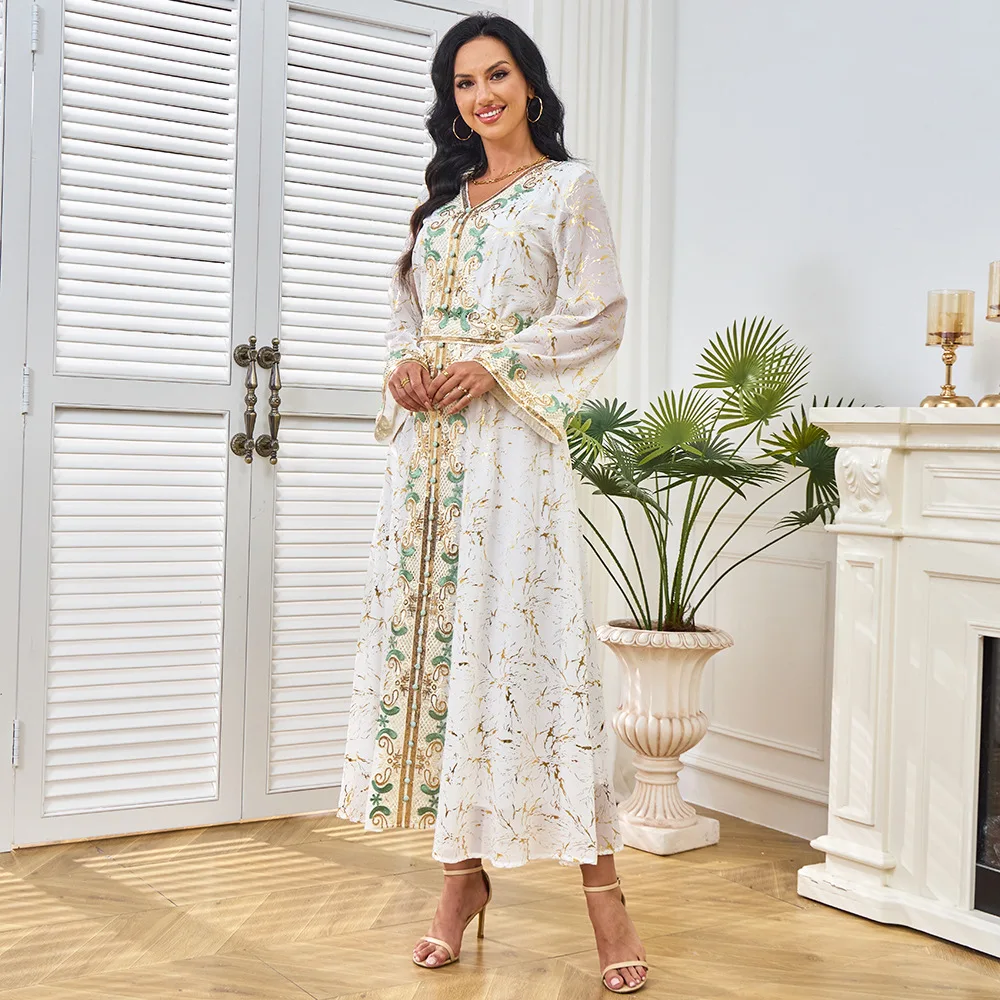 Großhandel Neue Ankunft Elegantes Langarm-Abaya-Kleid mit V-Ausschnitt für Frauen Erwachsene Polyester Vintage-Stil für den Sommer