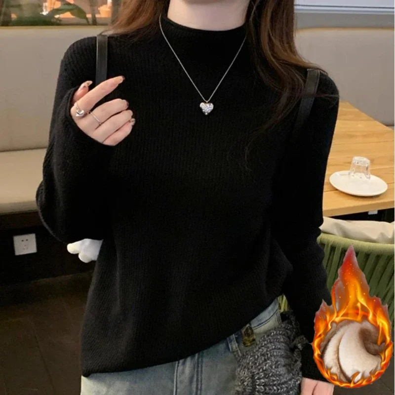 المرأة الدافئة محبوك قاع البلوز ضئيلة الكورية نمط بسيط قاعدة طبقة البلوز قطعة واحدة المخملية الياقة المدورة رشاقته سترة