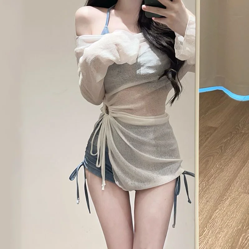 Niebieski, barwiony zestaw bikini, strój kąpielowy damski, termiczny strój na wiosnę, seksowny, czysta pokusa, oddzielny strój do kąpieli z narzutką.