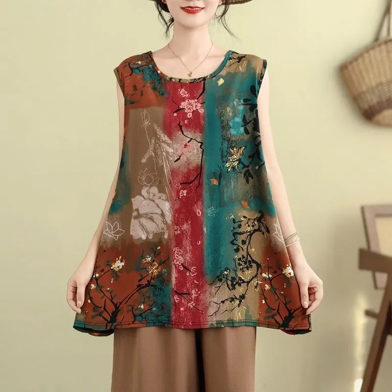 Nuova maglietta da donna ampia e sottile a trapezio Top stampato in stile cinese Canotta versatile ed elegante