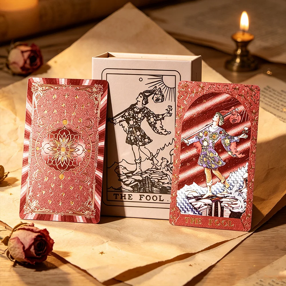 7*12cm Premium Red Gold Foil Tarot Cards PVC Glitter Laser Holographic Divination Deck with Guidebook Luxury Gift Box Board Game