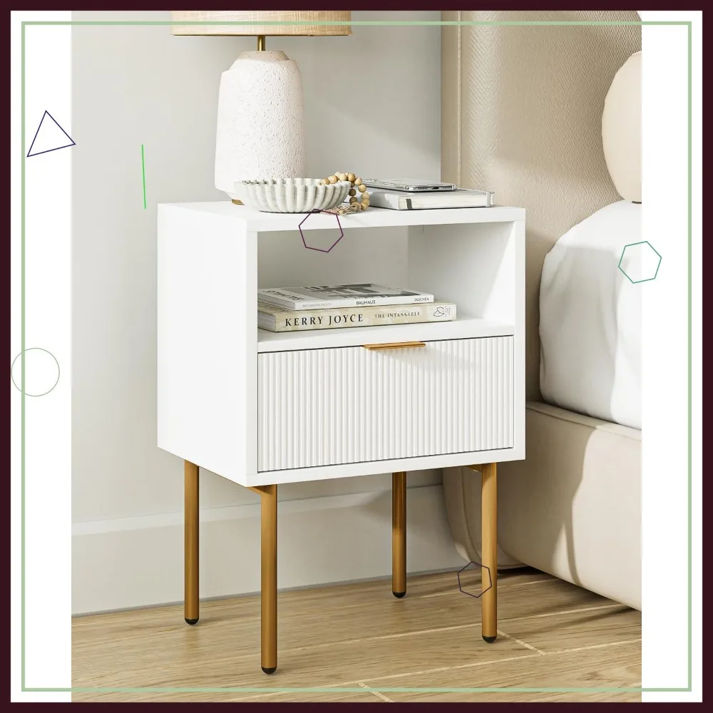 منضدة بيضاء حديثة بإطار ذهبي ودرج ورف لتخزين غرفة النوم وغرفة المعيشة