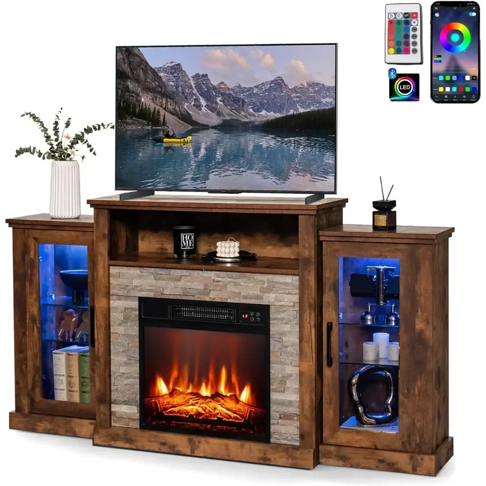 Entertainment Center w/ 19” Fireplace Heater, 16-Color LED Lights, 4 Modes, APP & Remote Control, Fireplaces