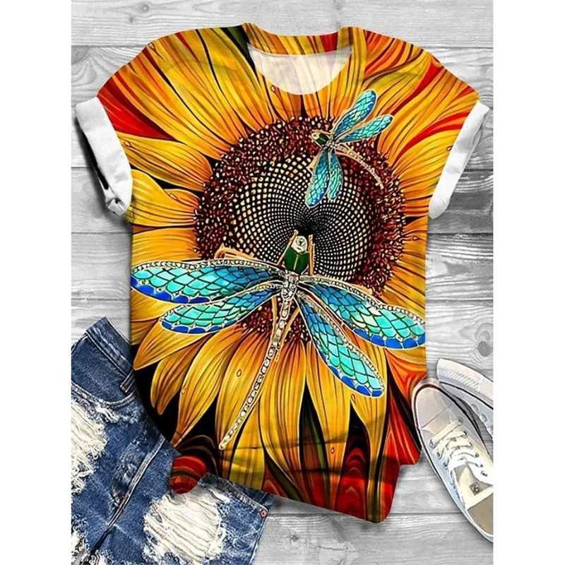 Flower Sunflower T-Shirt For Women Birds Insects 3D Printed Tees Summer Oversized Tops Short Sleeves Personality O-Neck T Shirts