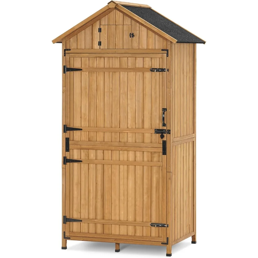 

Large outdoor storage cabinet with 3 adjustable shelves, 82 inch high storage shed, wooden garden shed with lock