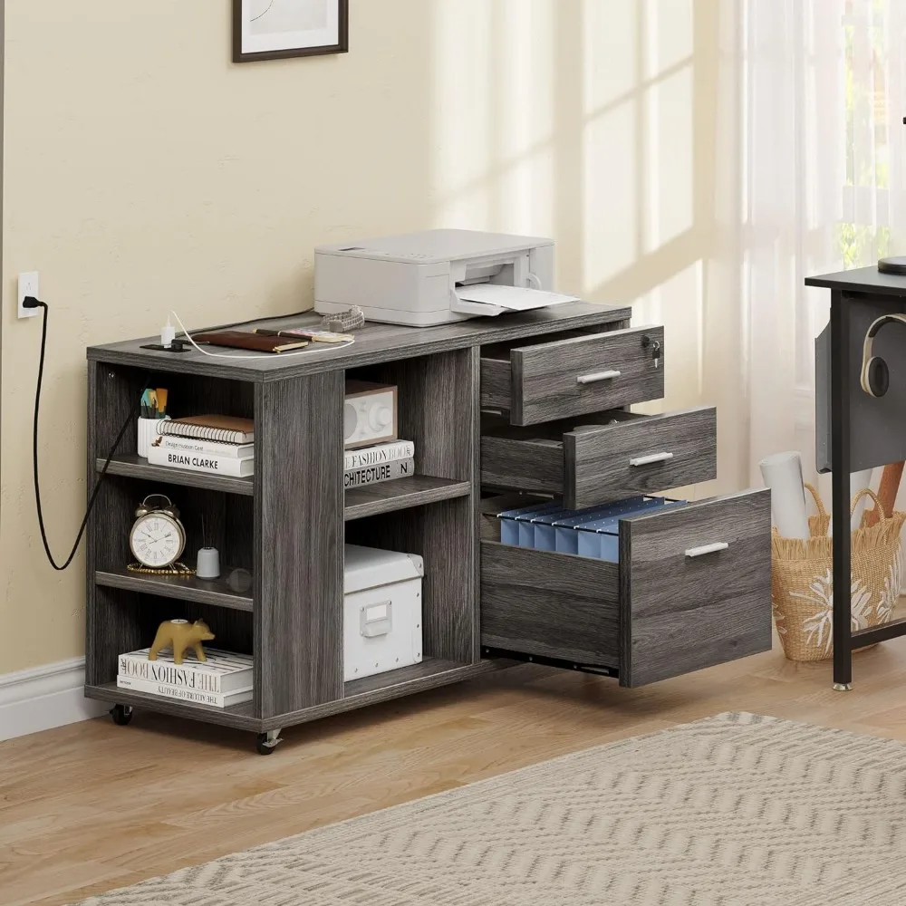 File Cabinet ， Printer Stand with Open Storage Shelf, Fits A4, Letter, Mobile Filing Cabinet with Lock for Home Office