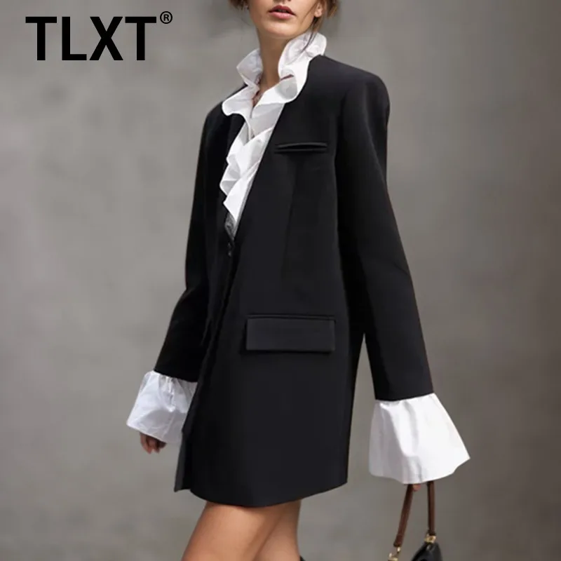 

TLXT модный женский кружевной лоскутный пиджак с v-образным вырезом, свободный однобортный пиджак с длинными рукавами, осень 2024, новинка XK1454