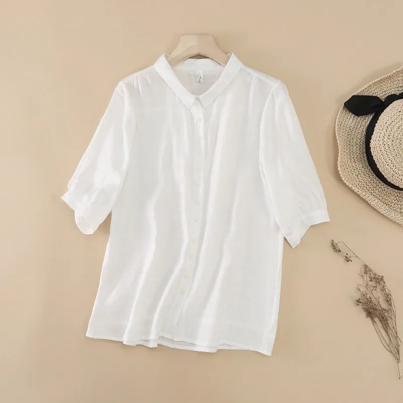 

Women's Casual 3/4 Sleeve Button Down Shirt Solid Color Loose Blouse for Spring Summer