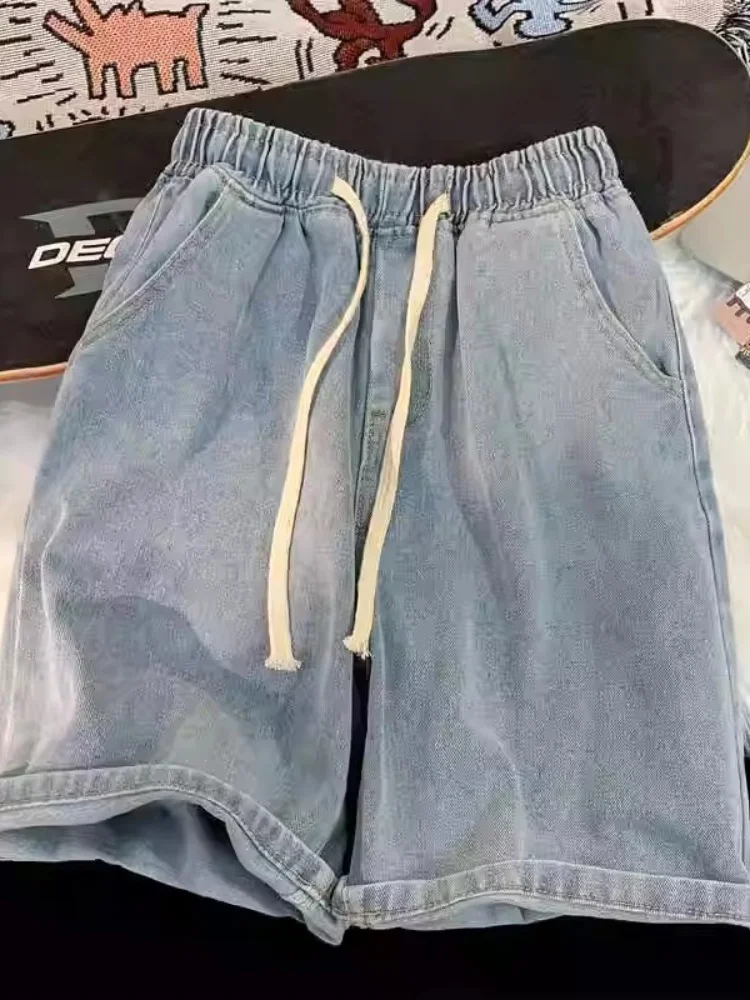 Celana Pendek Denim Pria Musim Panas Tipis Ringan Kasual Jalanan Lurus Longgar Kerja Luar Ruangan Fashion Celana Pendek Pakaian Kerja Perkotaan