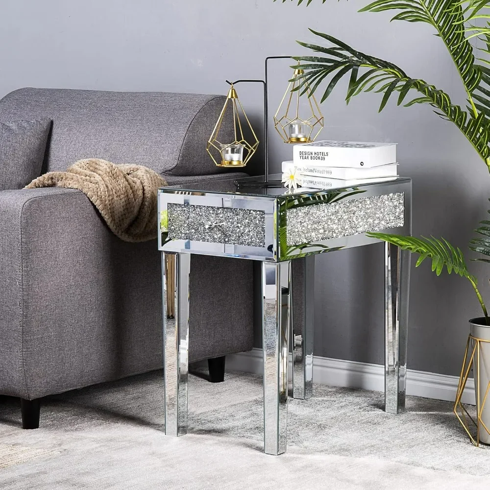 Mirrored Nightstand set of 2, Narrow Side Table with Drawer Glass Accent Table, Silver End Table, Beside Table