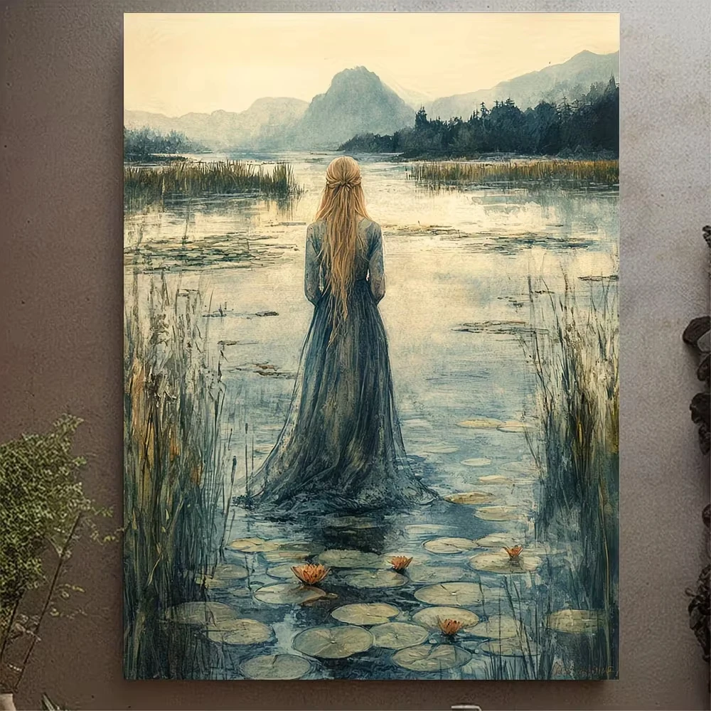 5D DIY Diamond Painting Kit Vintage Blonde Lady Back View Lake Lotus Mountain Art Full Drill Rhinestone Wall Decor Gift