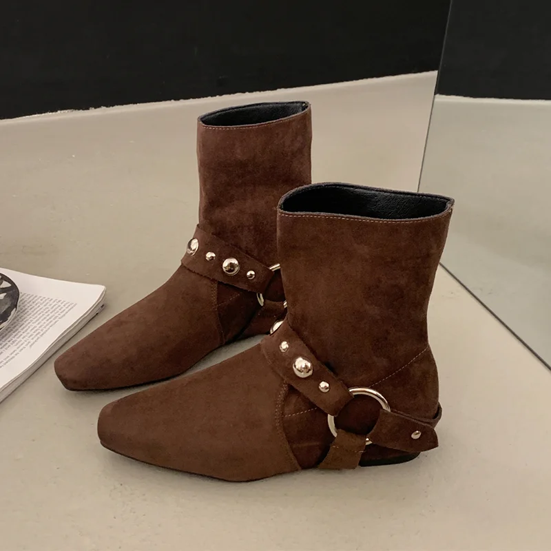 

Ankle Boots for Women's Flats Designer Suede Shoes 2025 Fashion Winter Chelsea Boots New Trend Buckle Elegant Dress Ladies Boots