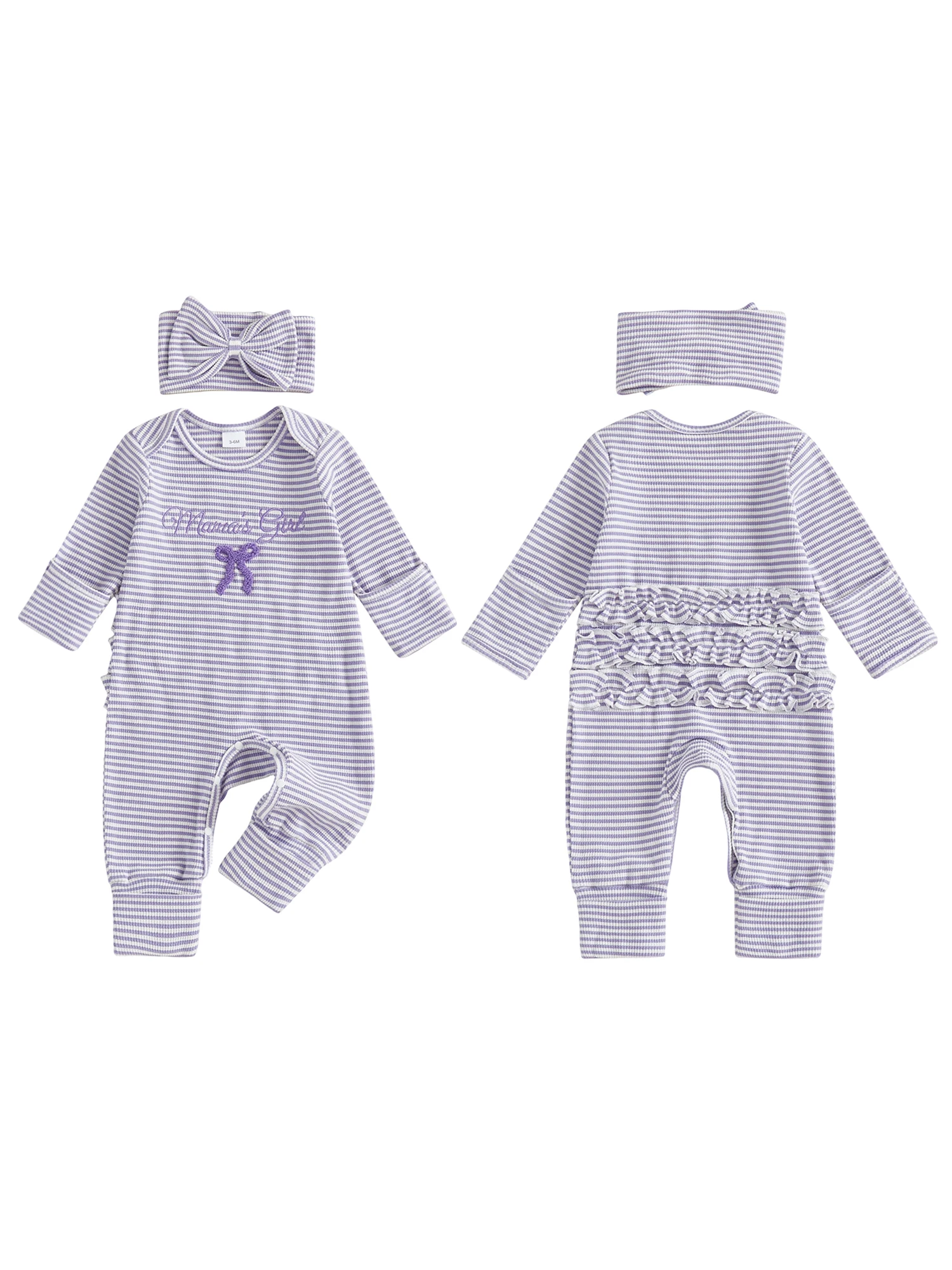 Playsuit Bayi Balita Motif Garis Musim Gugur dengan Bordir Huruf, Lengan Panjang dan Kerah Bulat Dilengkapi Pita Senada