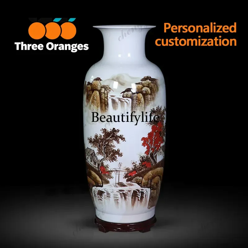 D183 Ceramic hand-painted large vase blue and white landscape living room TV cabinet Chinese floor flower arrangement ornament