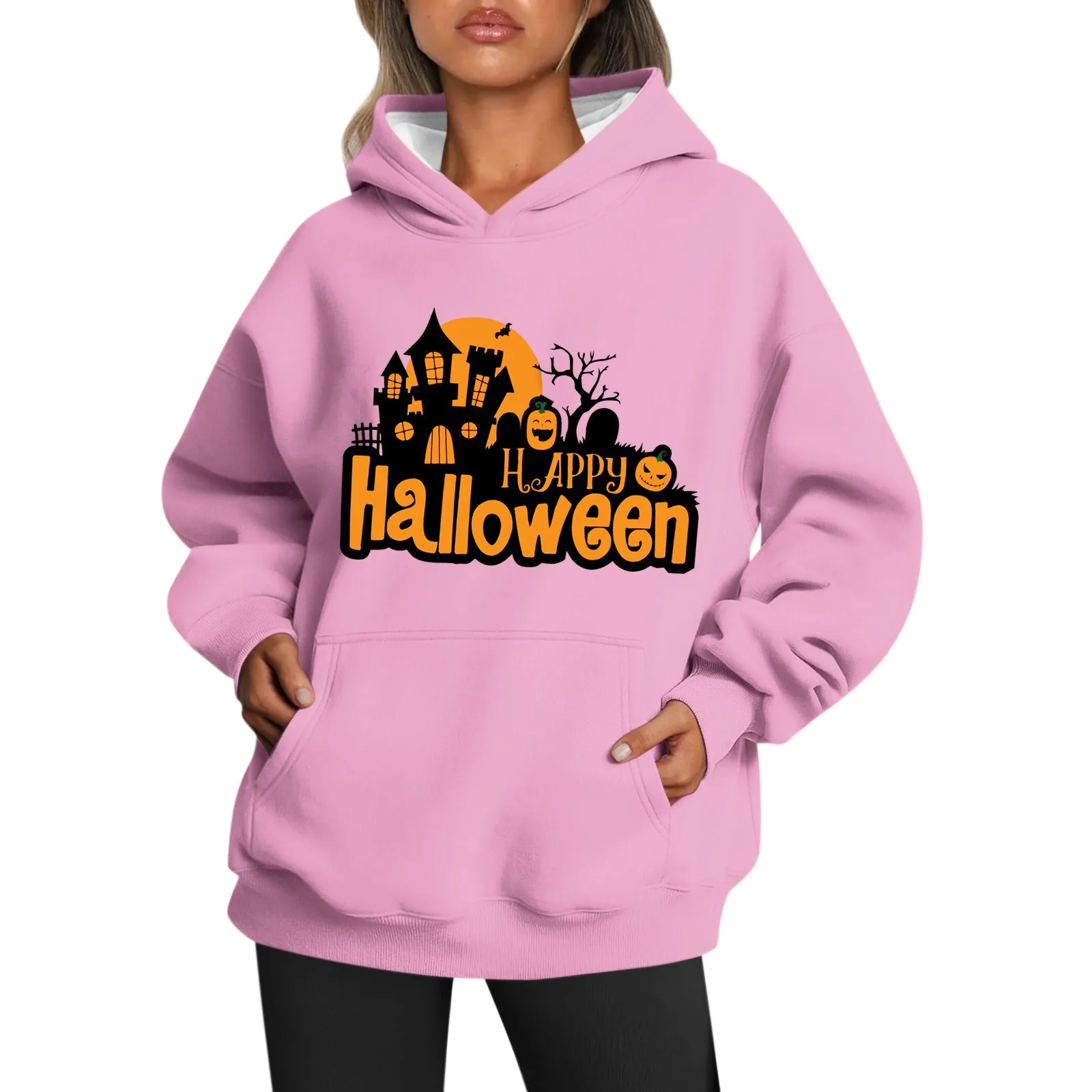 

Women Hooded Sweatshirt Tops Halloween Print O Neck Hoodies Pullover Tops Gothic Casual Long Sleeve Fleece Autumn 2023 new