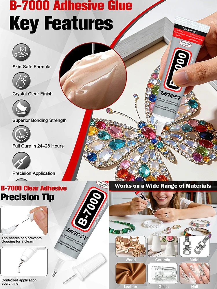 Loolifl B-7000 15/25/50/110ml Transparenter Handybildschirm-Reparaturkleber Universeller Glas- und Kunststoffkleber für DIY mit Präzisionsapplikator