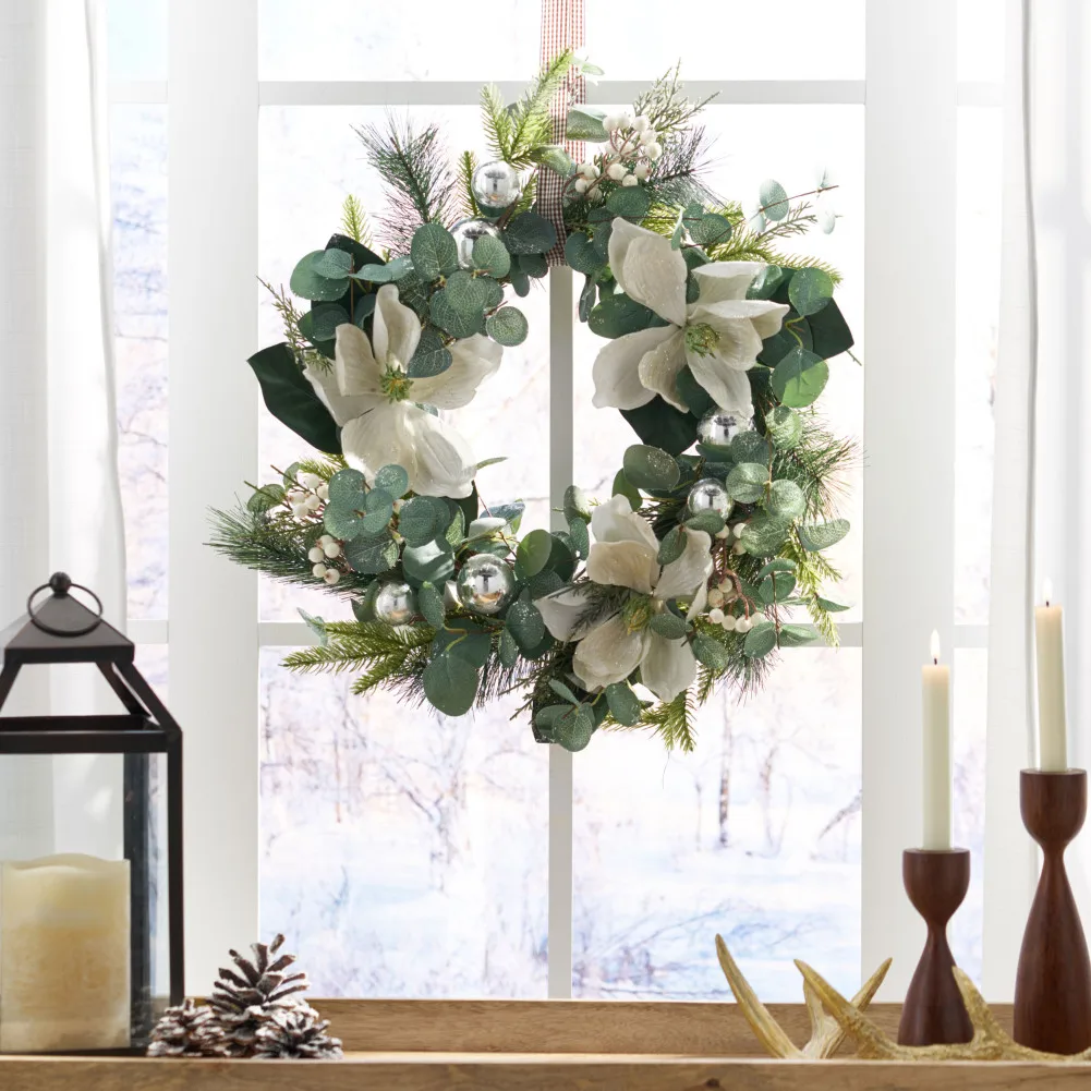 21.75'' Artificial Magnolia Wreath Everyday Greenery Wreath With Flowers Pine Needles And Decorative Balls For Wall Window Porch