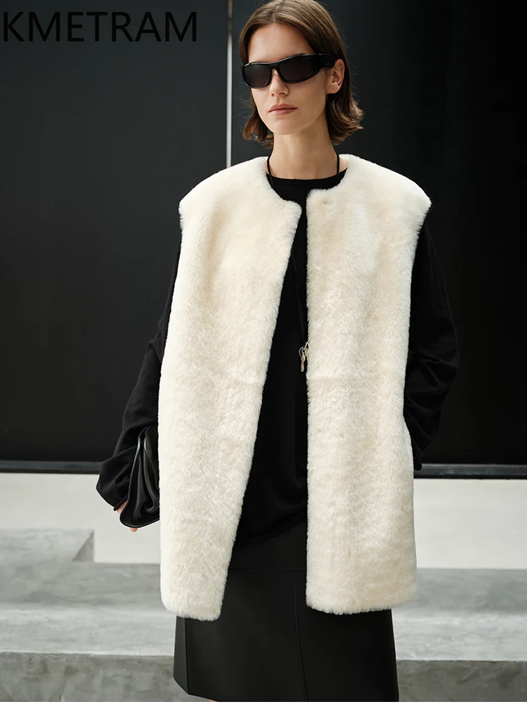 سترة من صوف ميرينو الطبيعي من جلد الغنم مزدوجة الوجه سترة نسائية عالية الجودة بدون أكمام معطف من الفرو الحقيقي ملابس شتوية 2025 اغربي نسائية