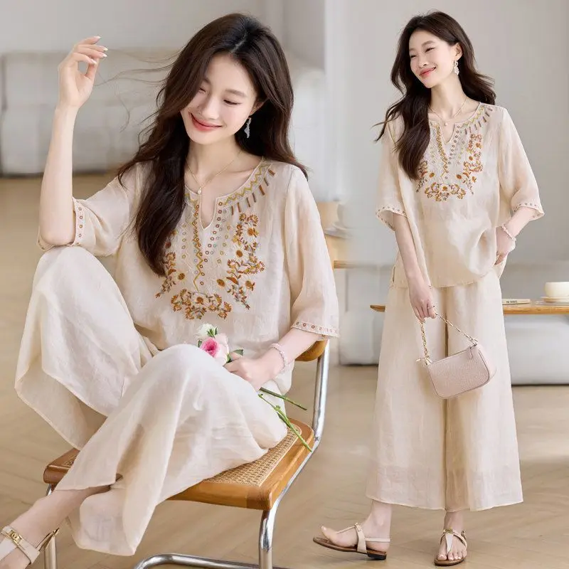 

Women Boho Embroidered Linen Blend 2 Piece Set Loose Short Sleeve Shirt Wide Leg Pants Summer Casual Outfit