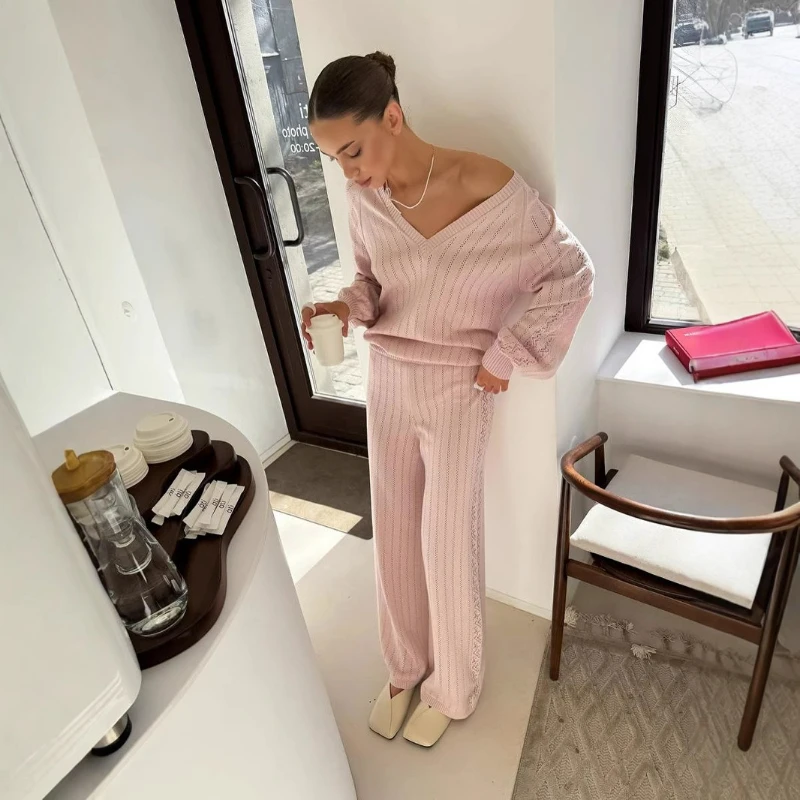 

Women Two Piece Pant Sets V Neck Rompers Lantern Sleeved Straight Pants Set Knitted Matching Sets Casual Pant Sets Autumn Winter