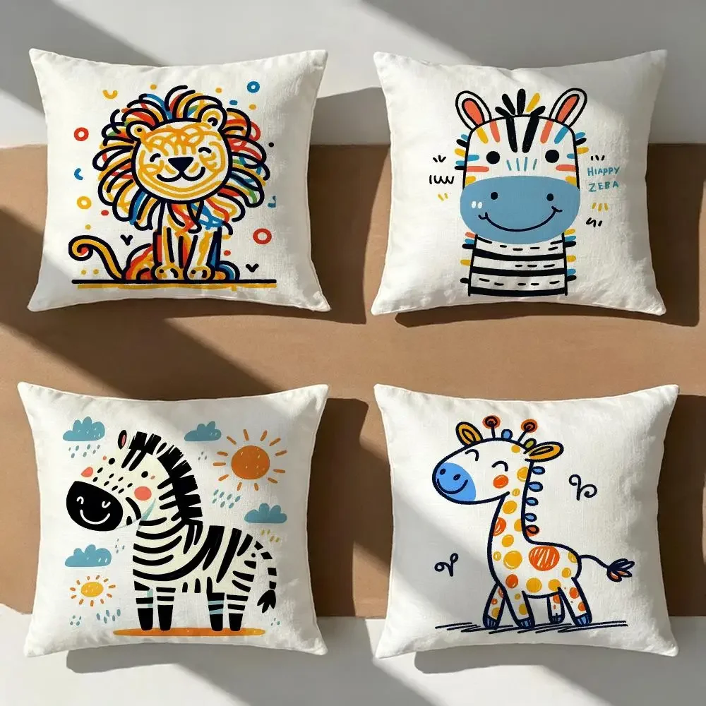 Kids Hand Drawn Giraffe Zebra Lion Cushion Cover Pillow Cover Nordic Minimalist Throw Print Cushion Case for Sofa Bedroom