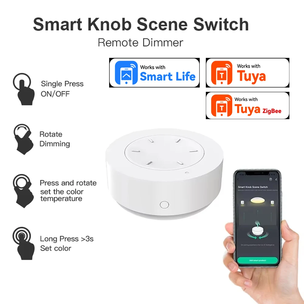 Smart Knob Switch Wireless Scene Button Work with Tuya ZigBee Rotatable Dimmer Switch Home Appliances Automation Linkage Remoter